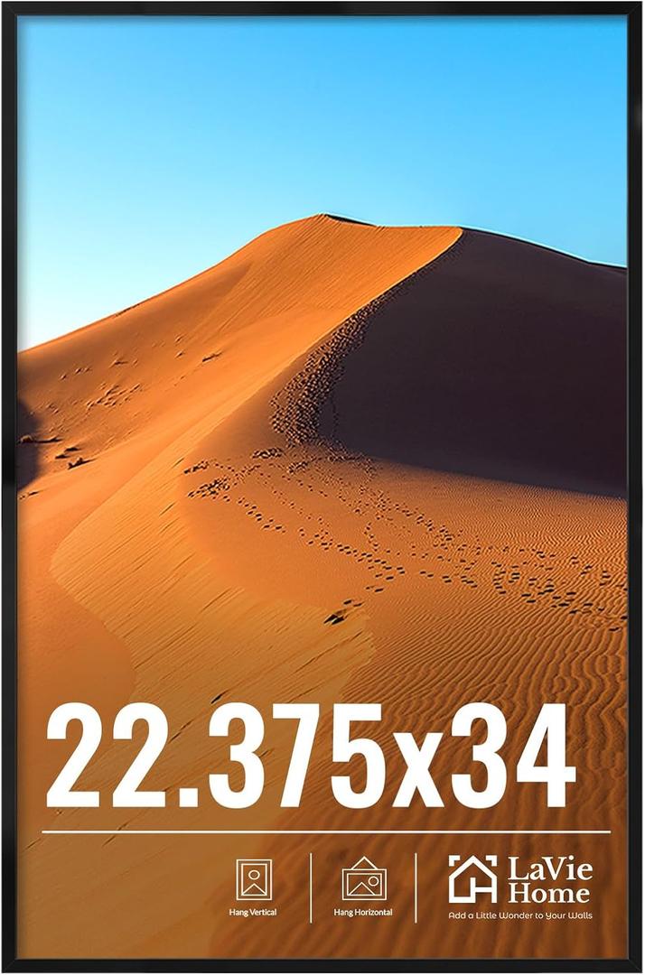 22.375x34 Picture Frame for Wall Display, 22.375x34 Black Picture Frame with HD Plexiglas, 22.375 x 34 Frame 1 Pack, Display Frame for Vertical or Horizontal, Classic Collection