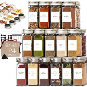 FINESSY Glass Spice Jars with Labels with Metal Lids and Shakers 24 Pack Set, 4oz Small Empty Air Tight Spice Containers with Labels, Clear Seasoning Containers Herb Bottles Kitchen Storage Organizer (24-pack | Modern Farmhouse Style)