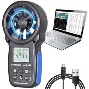 HVAC CFM Anemometer, AIOMEST Handheld Air Flow Meter Measuring Wind Speed/Airflow Velocity, Test Air Volume,Temperature, Humidity, Digital CFM Tester AI-866A with Real-Time USB Sync to PC