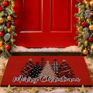 Lanpn Christmas Welcome Natural Coir Door Mat, Forest Christmas Tree Coco Front Door Outdoor Doormat Outside Entrance Porch Non Slip Rubber Rug Winter Xmas Farmhouse Decor (Red, 30x17 inch)