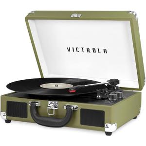Victrola Journey Bluetooth Portable Suitcase Record Player  with Built-in Speakers, 3 Speed Vinyl Record Player, RCA Out, Headphone Jack (Green Olive)