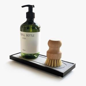 Instant Dry Sink Caddy Organizers, Sponge Holder for Kitchen Sink Counter, Water Absorbing Stone Drying Mat Rack, Soap Dish for Bathroom Countertop, Black Acrylic Tray with Grey Stone