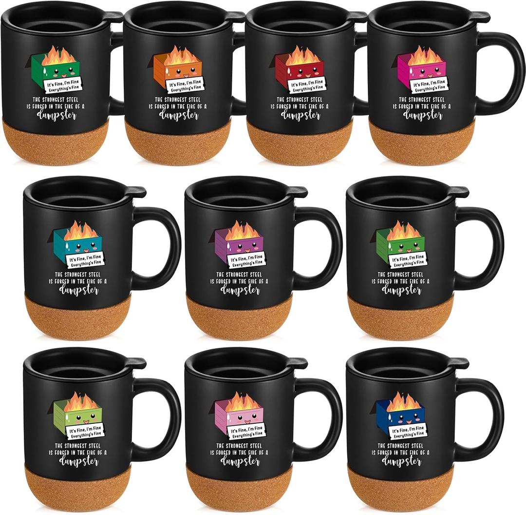 10 Pcs Dumpster Fire Mug Bulk with Removable Cork Bottom for Coworker Valentine Funny Office Supplies Emotional Support Coffee Mugs Appreciation Gifts for Coworker Teacher Nurse, 13.5 oz
