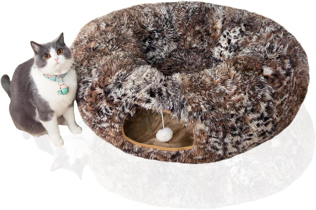 LUCKITTY Warm Fluffy Plush Cat Tunnel Bed with Washable Cushion- Big Tube Playground Toys 3 FT Diameter Collapsible, for Indoor Cat Kitty Kitten Puppy Rabbit Ferret Leopard Print