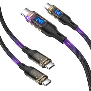 VisionSync 240W USB C to USB C Cable with LED Display Compatible with 140W 100W Fast Charging for MacBook Pro, lPhone 16/ 15/ 15Pro/ 15ProMax, Galaxy S23+/ S23Ultra/ S22, 6.6ft 2Pack, Black, Transparent Shell