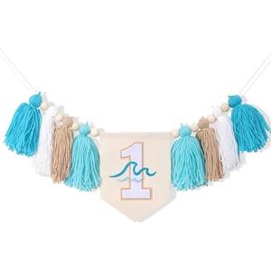 Big One Surf High Chair Banner - Wave 1st Birthday Decoration for Boys, Tassel Garland