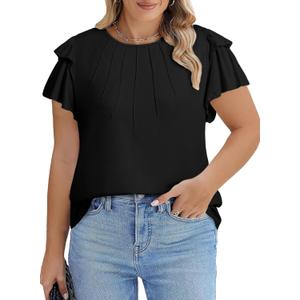 Eytino Women Plus Size Tops Ruffle Short Sleeve Crew Neck Summer Loose Casual Blouse T Shirts(1X-5X) (3X, Black)