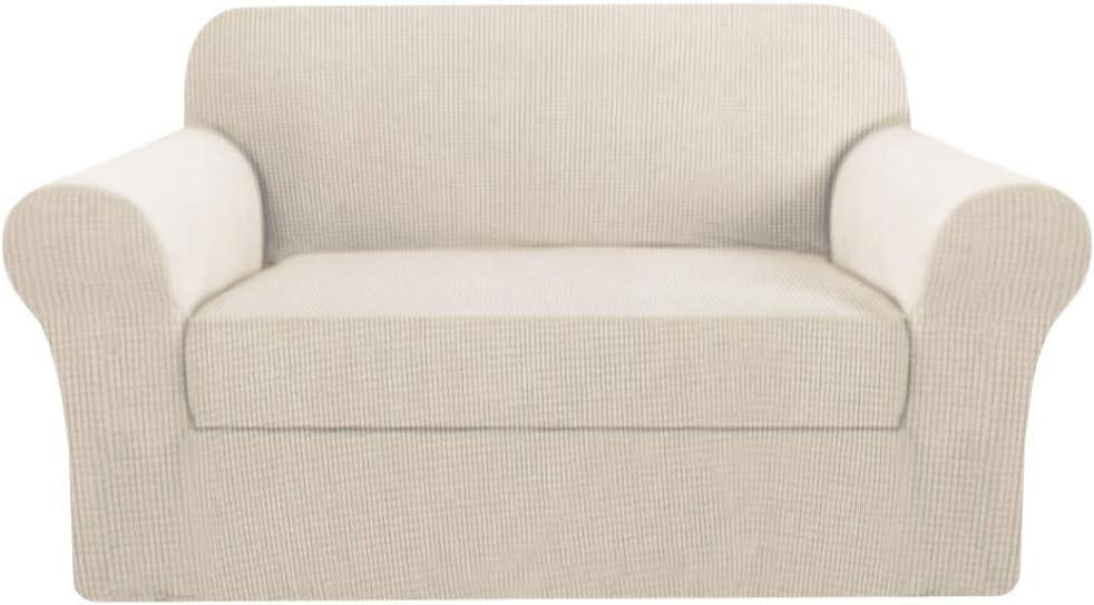 H.VERSAILTEX Stretch Sofa Covers 2 Piece for 2 Cushion Couch Covers Sofa Slipcovers Furniture Covers Suit for T Cushion/Box Cushion Feature Deluxe Textured Jacquard - Loveseat, Ivory