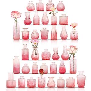 32Pcs Valentine's Day Bud Vases Set Small Vintage Glass Bottles Pink Bud Vases in Bulk Multiple Shape Cute Glass Vases for Rustic Wedding Centerpieces Table Decorations and Home Decor(Pink)