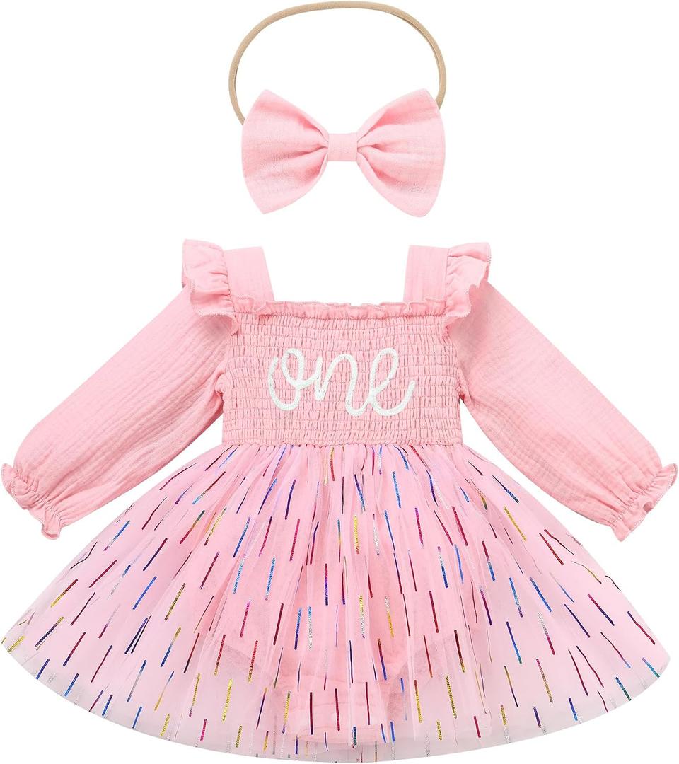 ODASDO Baby Girls First Birthday Outfit Sqaure Neck Ruffle Long Sleeve Tulle Tutu Romper Dress with Bow Headband