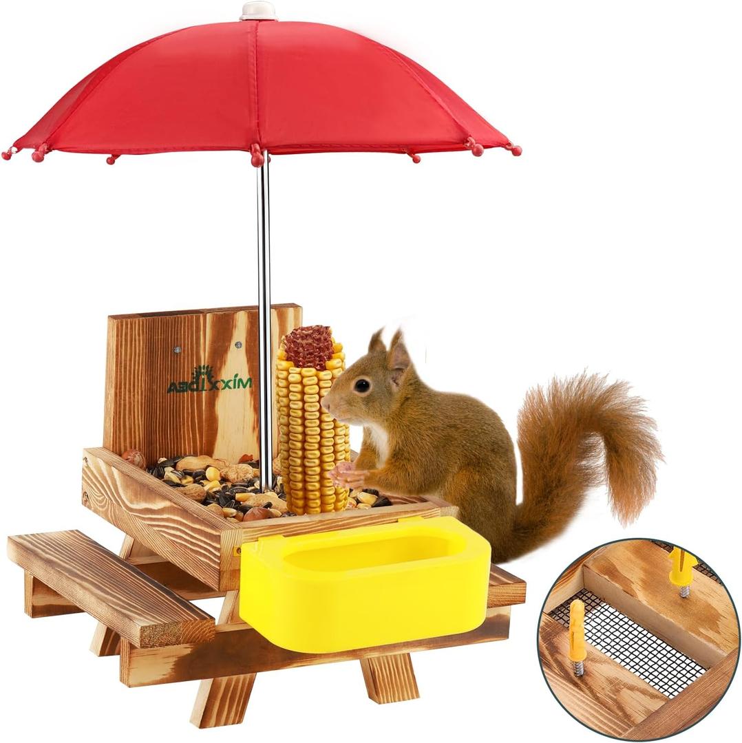 MIXXIDEA Wooden Squirrel Feeder Table with Water Bowl, Squirrel Picnic Table for Outside with Umbrella, Brown Squirrel Feeder with Corn Cob Holder Cute Chipmunk Feeder (Brown) (Red)