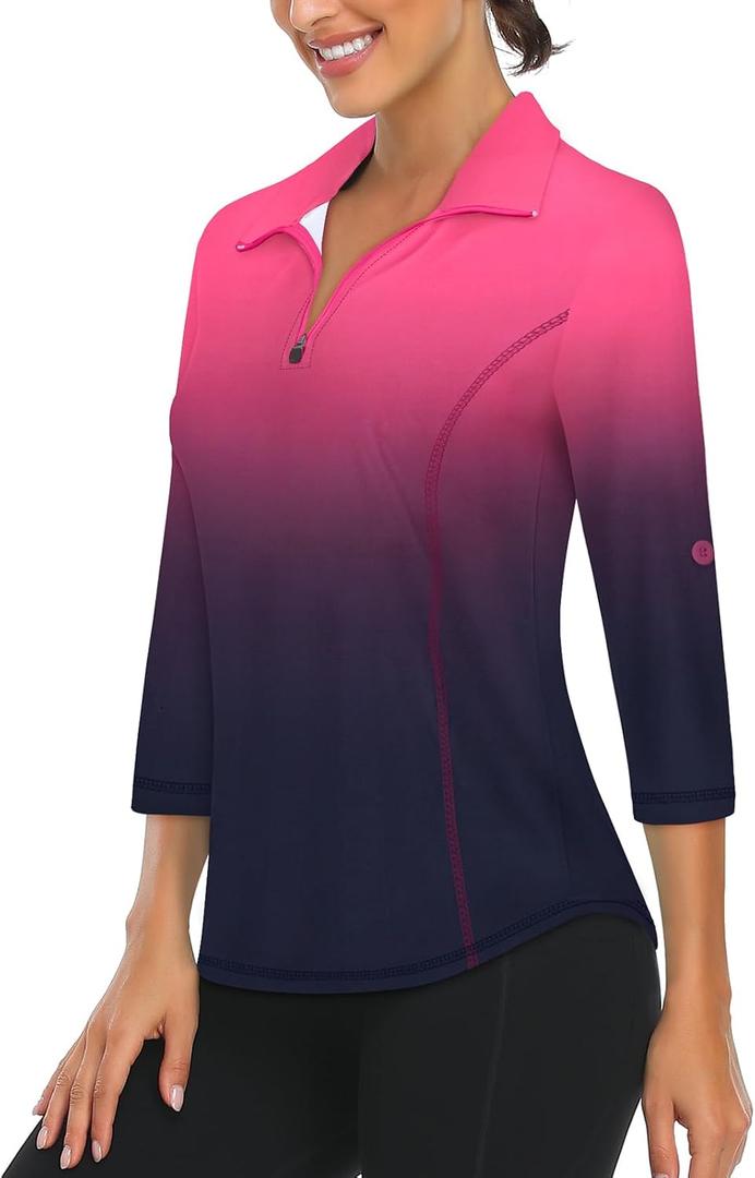 LURANEE Womens 3/4 Roll Sleeve 1/4 Zip Pullover Golf Shirts Athletic Hiking Running Workout Tops UPF 50+, Size: Large