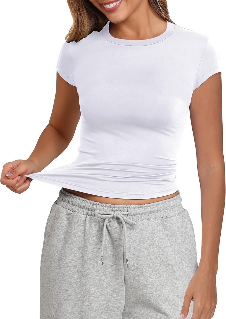 PALINDA Women's Short Sleeve Crew Neck Fitted Shirts Basic Casual Stretchy T Shirt Workout Tops (White, S)