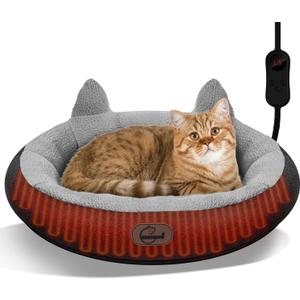 Heated Cat Bed for Small Size Cats, Heated Pet Bed with Timer & Temp Adjustable, Removable Waterproof Pet Heating Pad for Indoor, Gray Cozy Donut Electric Bed Heater Warmer for Kitten Cat (Large)