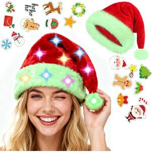 HAOSJINY Light up Santa Hat, Led Christmas Hat With 20 Diy Holiday Stickers, Santa Hats Adult With Colorful Led Strip Light, For Xmas New Year Christmas Party（Upgraded Green Adult）