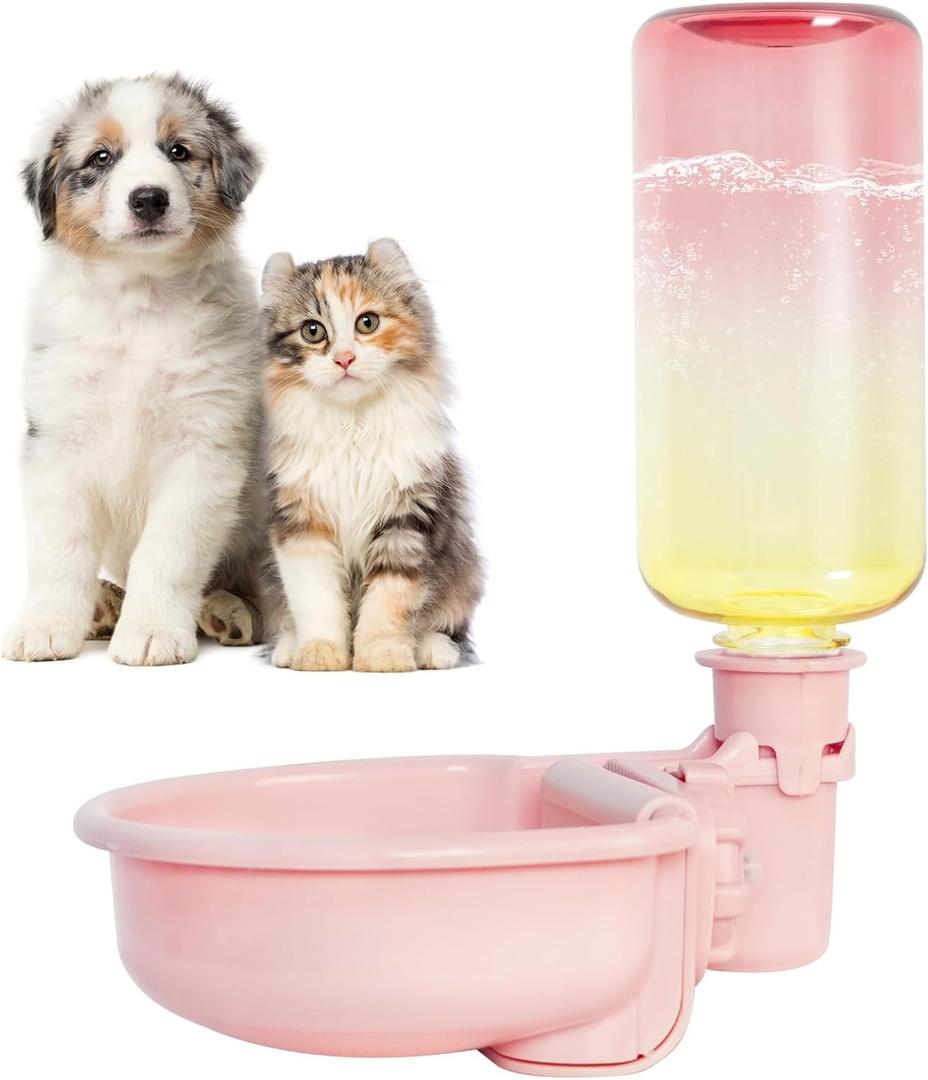 VANNON 16oz Pet Water Bottle, Gravity Dog Water Bowl Dispenser for Cage, Anti-Overflow Water Dispenser for Small Dogs, Cats, Rabbits and Other Small Animals, BPA Free, Gradient Pink