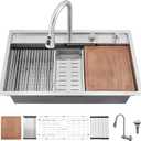 33 Inch Undermount Waterfall Kitchen Sink, 33x19 Undermount Kitchen Sink Stainless Steel Kitchen Sink with Faucet 16 Gauge Single Bowl Multifunctional Kitchen Sink (Brushed Nickel)