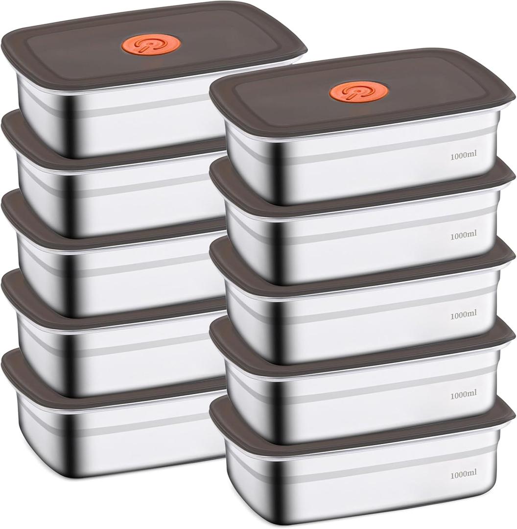 10 Pack Stainless Steel Food Storage Containers with Leak-Proof Lids, 34oz Reusable Metal Meal Prep Lunch Boxes, Stackable, BPA-Free, Dishwasher Safe for Snacks, Fruits & On-the-Go Meals