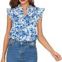WDIRARA Women's Floral Print Notched V Neck Ruffle Cap Sleeve Blouse Boho Tops Blue L