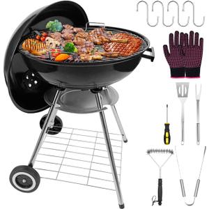 22-Inch Charcoal Kettle Grill with Enamel Lid, Portable Outdoor Grill with Wheels