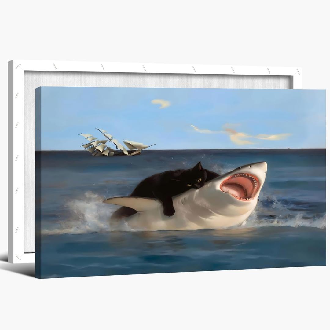 Funny Black Cat Wall Art Quirky Cat and Shark Pictures Canvas Print Abstract Ocean Animal Posters Wall Decor for Room Bedroom Living Room Bathroom Hilarious Sea Life Painting 12x18inch Framed (12L" x 18W")