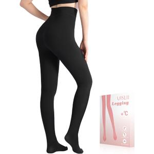 Black Opaque Fleece Lined Tights for Women under Dress, Thermal Ribbed Leggings for Women, Warm Sweater Tights (Medium Petite)