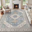 7x9 Washable Area Rug, Large Rugs for Living Room Stain Resistant Non Slip Backing Soft Low Pile Vintage Carpet for Bedroom Dining Room Kid & Pet Friendly Home Decor - Blue