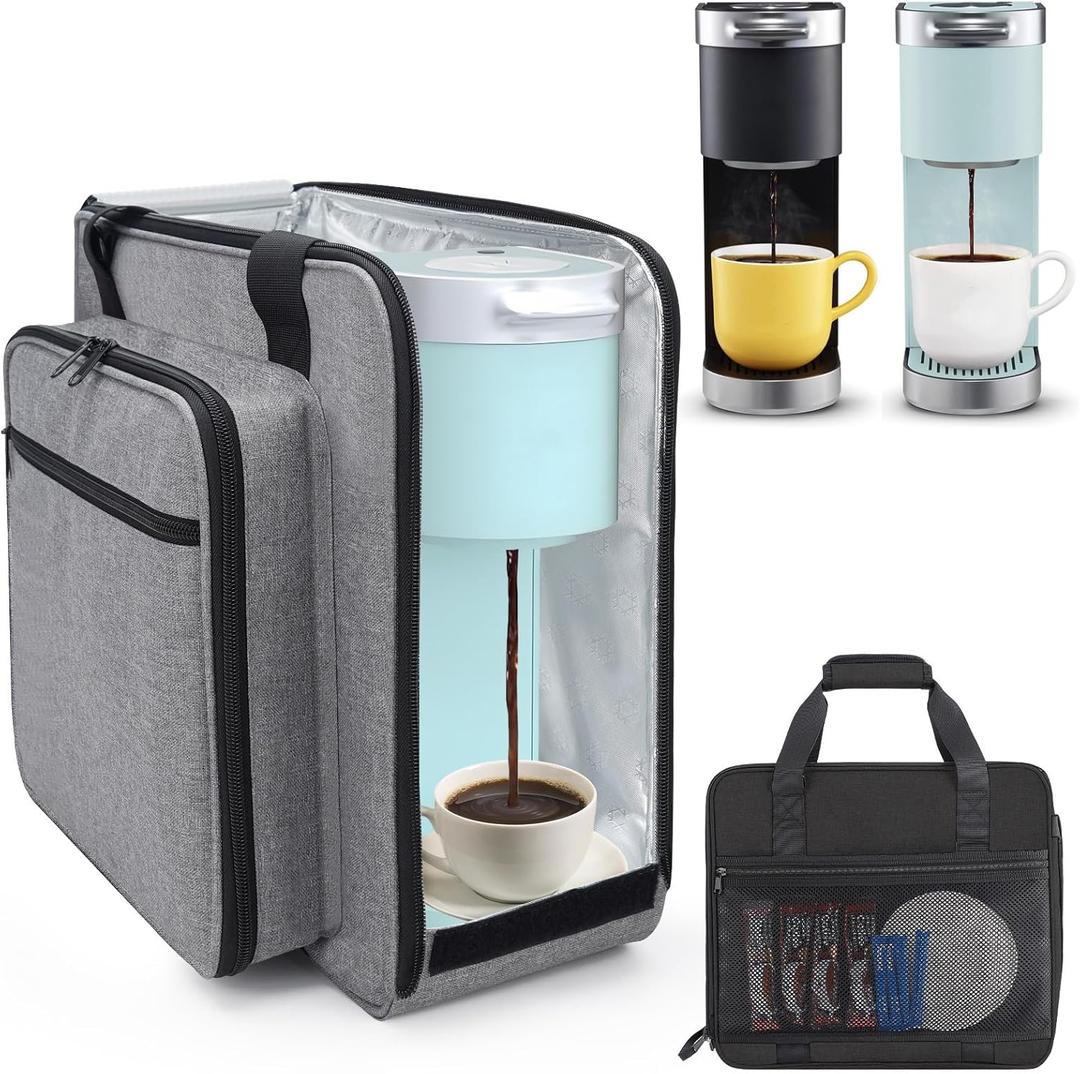 Anitor Portable Carrying Coffee Maker Travel Bag Match for Keurig K-Slim/K-Iced Plus, Single Serve Coffee Machine Travel Bag with Padded Shoulder Straps Includes Multiple Storage Bags, Grey