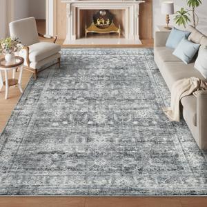 Rugs for Living Room, Washable 8x10 Area Rugs, Low Pile Soft Rugs for Bedroom, Non Slip Large Area Rug, Non Shedding Vintage Boho Rug for Dinning Room, Office, Nursery,Farmhouse (A05-grey)