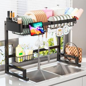 ADBIU Over The Sink Dish Drying Rack (Expandable Height and Length) Snap-On Design 2 Tier Large Dish Rack  22.6" - 35.5"(L) x 12"(W) x 19" - 22"(H)