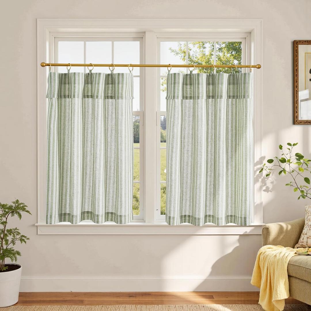 jinchan Striped Linen Kitchen Curtains with Attached Valance 36 Inch Length Cafe Tier Curtains for Living Room Rustic Half Window Light Filtering Rod Pocket Small Drapes 2 Panels Green