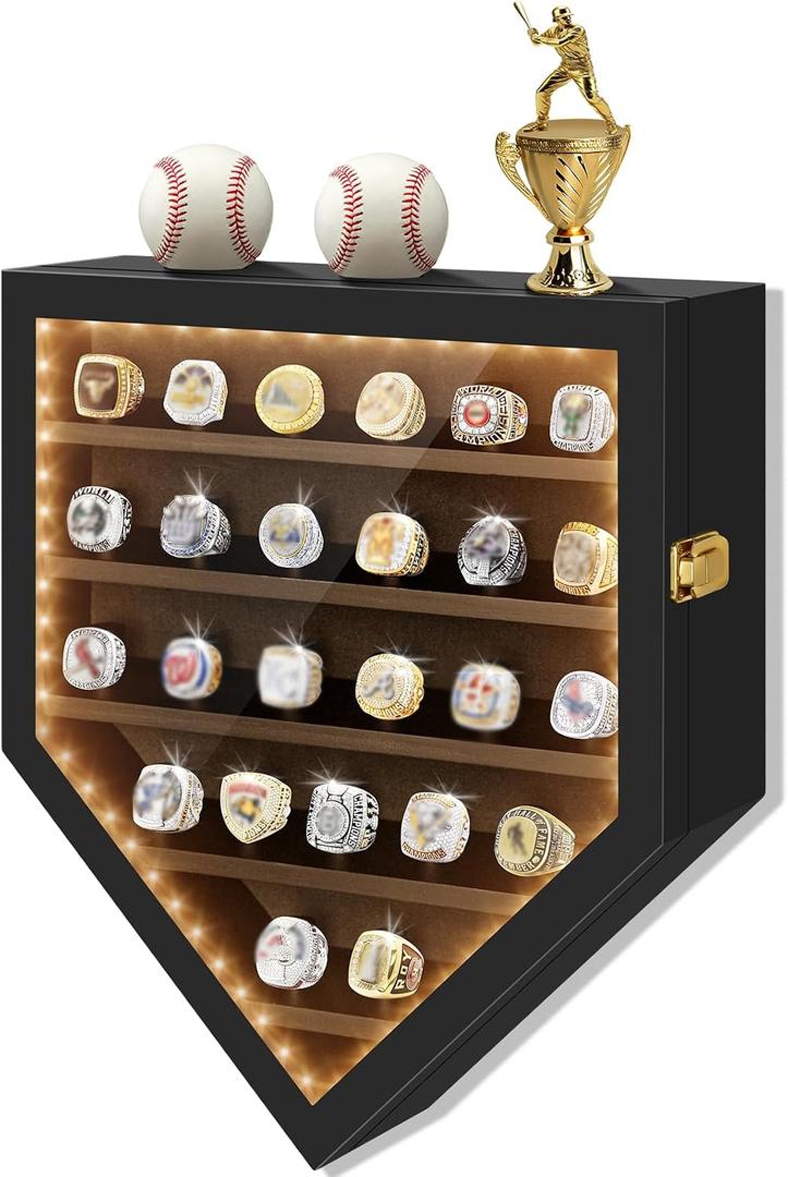 Championship Ring Display Case - 25 Ring Posts Baseball Ring Holder with LED Light, Baseball Ring Display Case, Wall Mount Wooden Shadow Box for Collection Sports Champion Rings, Baseballs