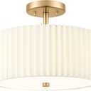 Gold Semi Flush Mount Ceiling Light, 3-Light 12.5" Ceiling Light Fixture with White Pleated Fabric Shade, Drum Lamp for Nursery Hallway Bedroom Kitchen, AD-25036-3SF-GD