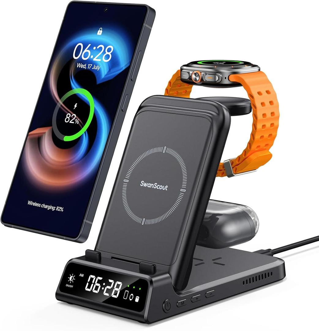 Charging Station for Samsung, SwanScout 703S, Wireless Charger for Samsung Galaxy S25 Ultra/S25+/S25/S24 Ultra/S24+/S24/S23, Galaxy Watch Ultra/7/6/5/4, Galaxy Buds 3 Pro/3 (No Adapter) (Black)