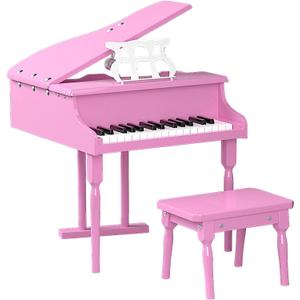 HONEY JOY Classical Kids Piano, 30-Key Mini Grand Piano with Music Stand and Bench, Wooden Musical Instrument Toy w/Lid & Music Rack, Gift for Boys Girls Ages 3+ (3 Straight Leg-Pink)