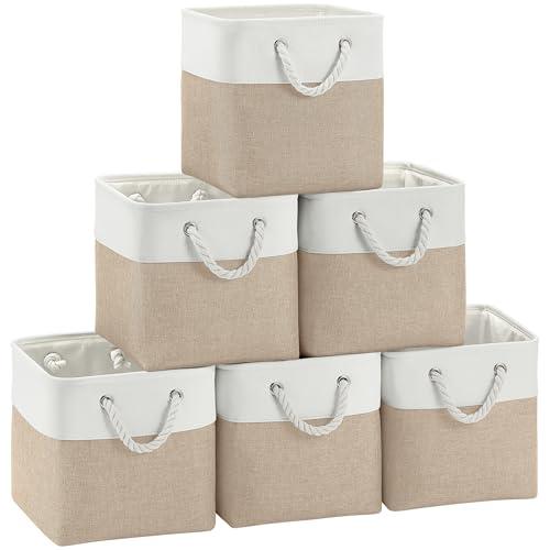 FinishingBo Fabric Cubes Storage Basket, 6 Pack 11x11 inch with Handles Cube Storage Bins, for Shelves, Home, Office Organizers (White/Khaki)