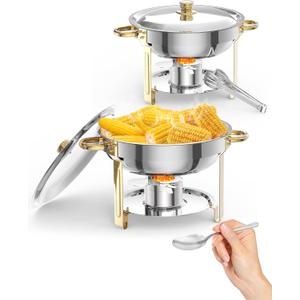Chafing Dish for Buffet 2 Pack, 5QT Round Chafing Dishes Buffet Set w/Lid Holder, Stainless Steel Chafers and Food Warmers with Spoon and Tweezers for Parties, Weddings, Events, Banquet, Gold
