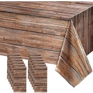 Tatuo 12 Packs Natural Wood Grain Tablecloths Rustic Plastic Table Covers for Rectangle Table, Vintage Farmhouse Style Tablecloth Decorations for Western Barn Themed Birthday, 54 x 108 Inch (Brown)