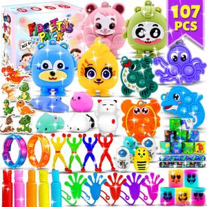 107Pcs Party Favors for Kids, Bulk Fidget Toy Pack, Prizes Box Toys for Kids Classroom, Treasure Box Toys Goodie Bag Pinata Stuffers for Kid 4-8, Birthday Gift, Classroom Prizes, Treasure Chest