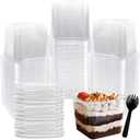 Rainmae 12 oz Disposable Plastic Dessert Cups with Lids Parfait Cups with Lids Fruit Cups with Lid Appetizer Cups Sporks Square Clear Cups for To Go Iced Coffee, Bubble Boba Tea, Milkshake 50-Pack