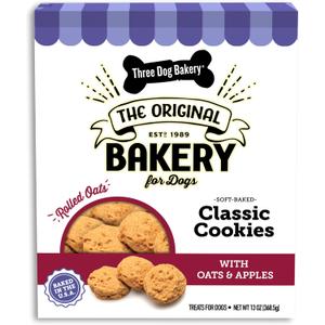 Three Dog Bakery Soft Baked Classic Cookies with Oats and Apple, Premium Treats for Dogs, 13 Ounce Box (114334) (EXP 12/09/27)
