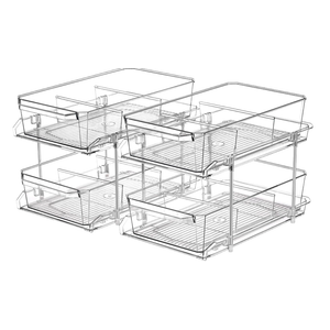 2 Set, 2 Tier Clear Organizer with Dividers for Cabinet, Shlef, Counter  MultiUse SlideOut Storage Container  Kitchen, Pantry, Medicine Cupboard Bins, Bathroom, Vanity Makeup, Under Sink Organizing