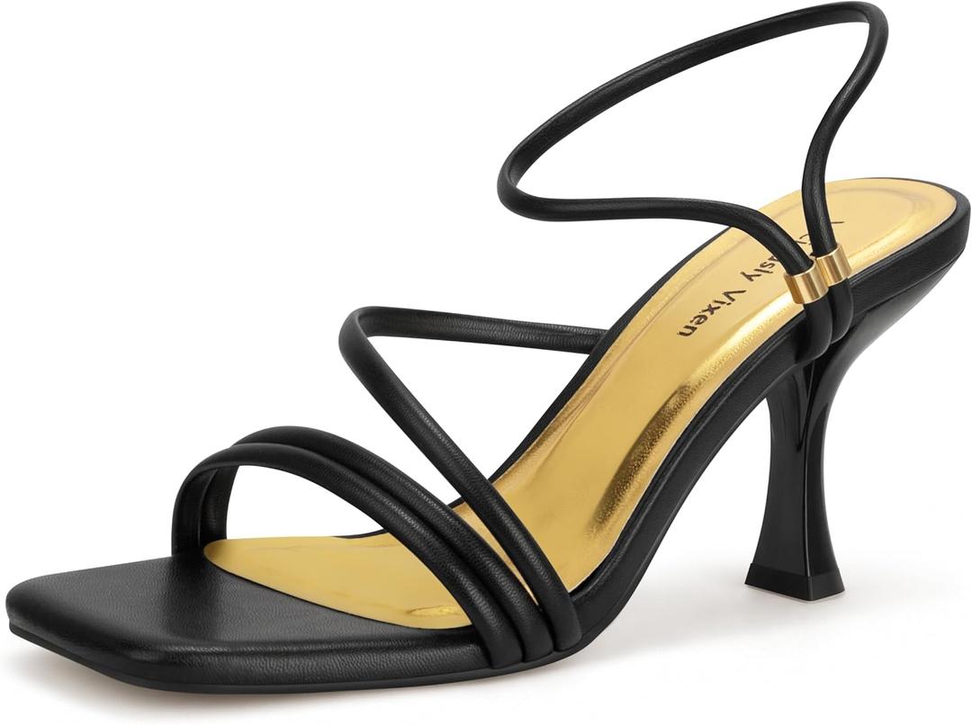 Women's Strappy Kitten Heels Square Open Toe Sandals Party Wedding Ankle Strap Shoes (7.5, Black)