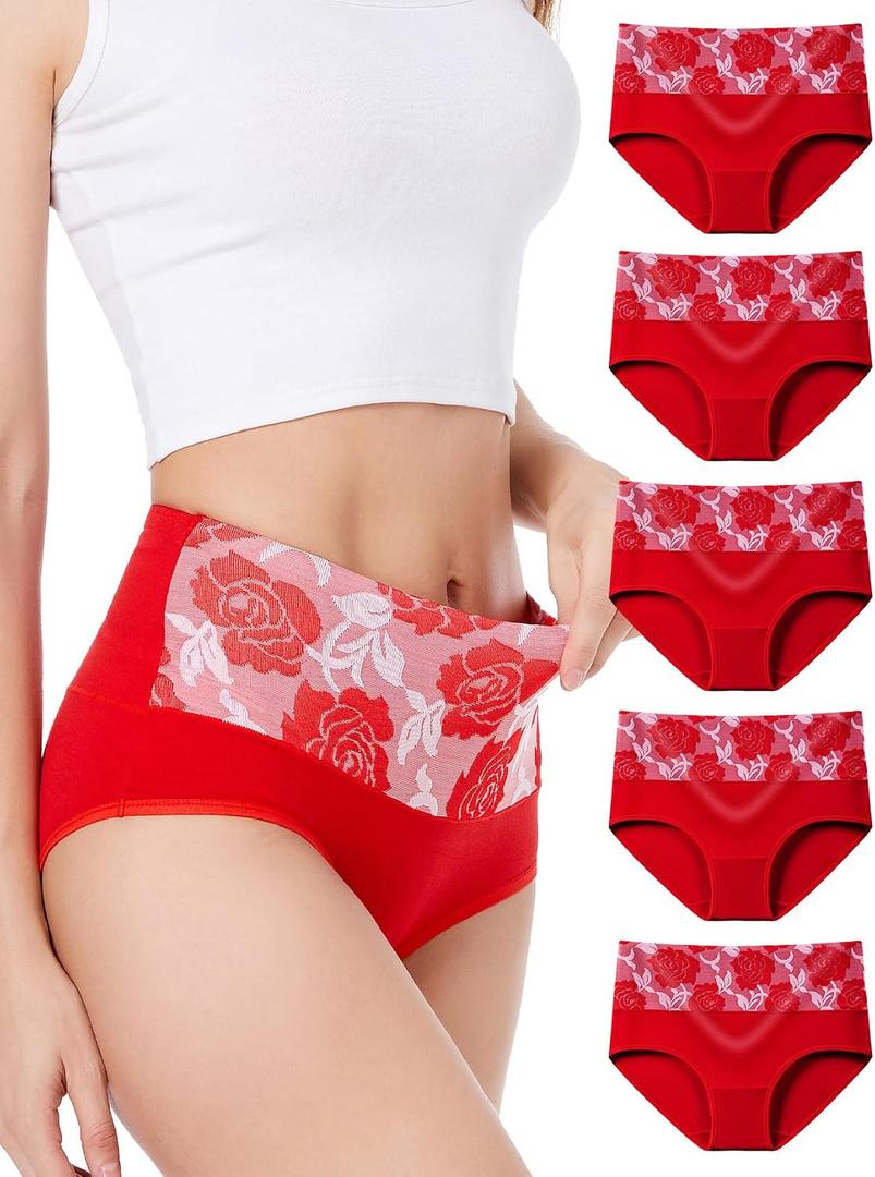 HAVVIS Women's Briefs Underwear Cotton High Waist Tummy Control Panties Rose Jacquard Ladies Panty Multipack (Red, XL)