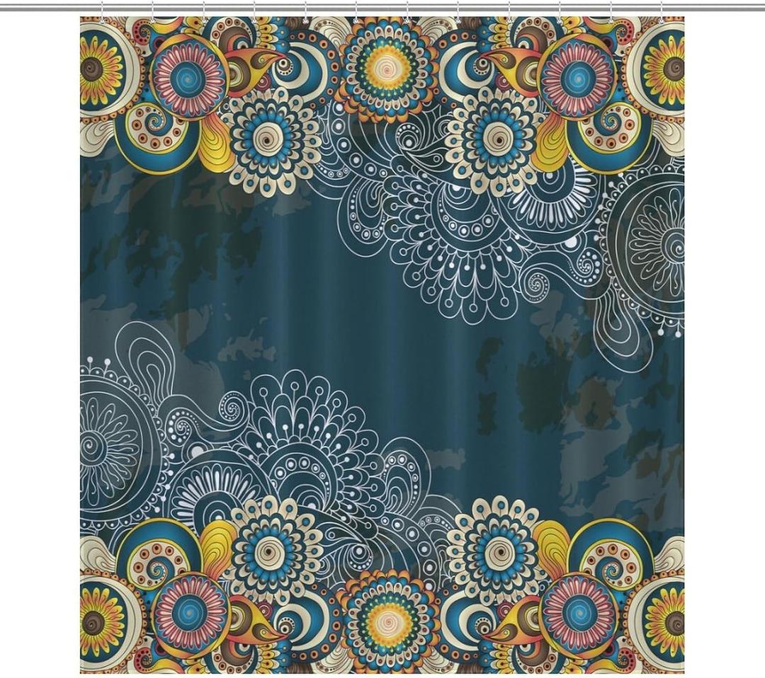 Mandala Shower Curtain Abstract Bohemian Flower Dark Blue Art Print Waterproof Bath Curtain for Bathroom Decor with 12 Hooks 66x72 Inch