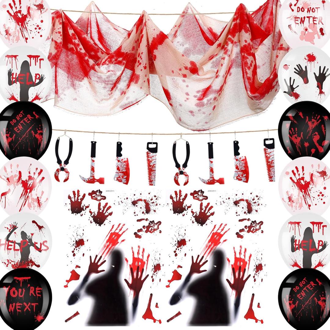 Barydat 50 Pcs Bloody Halloween Party Decorations Set Halloween Bloody Garland Banner Windows Stickers Creepy Cloth Scary Latex Balloons for Halloween Bloody Theme Indoor Outdoor Decoration Supplies