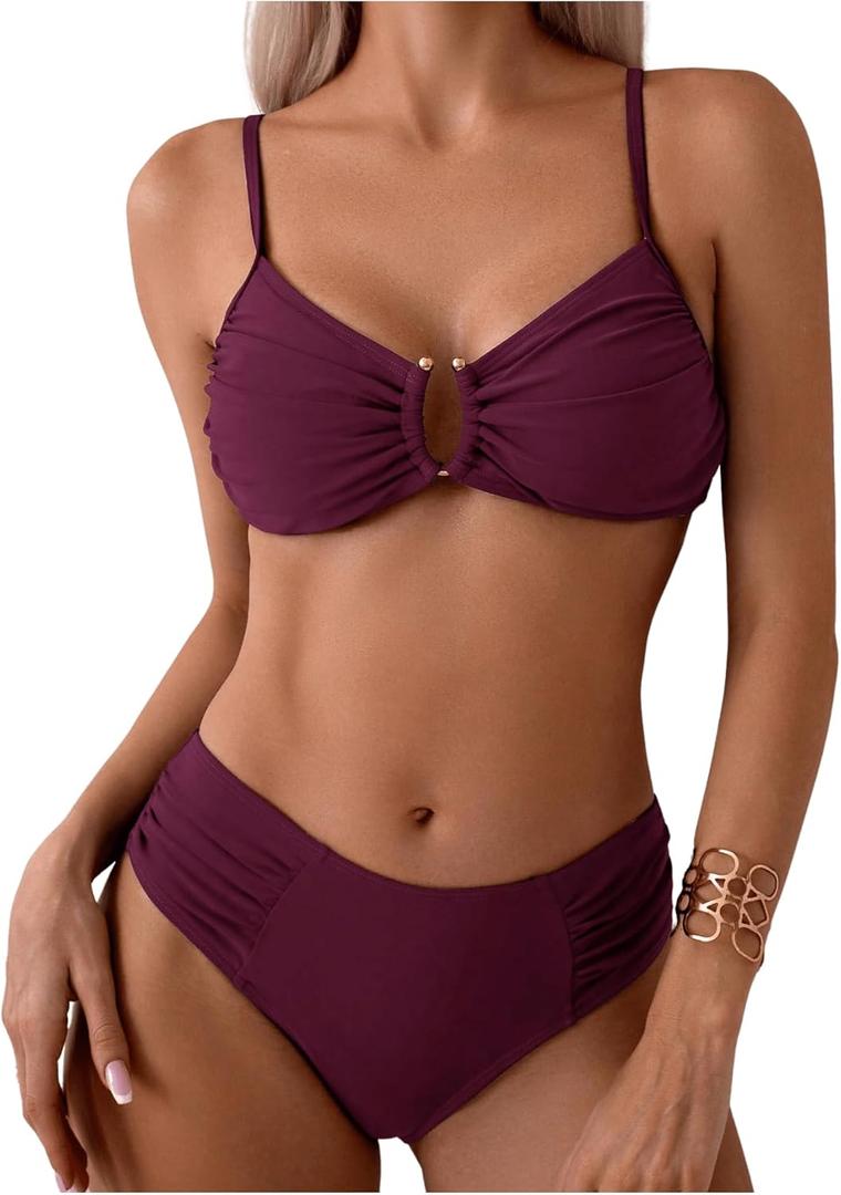 SweatyRocks Women's Two Piece Bikini Set Ring Linked Ruched Underwire Bikini Bathing Suit Swimwear Set Swimming Suit (Medium, Red Violet)