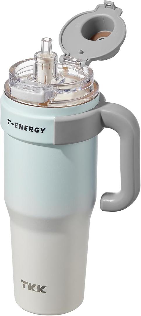 TKK 40 oz Tumblers with Handle and Straw, Ceramic Coating Insulated Bottle 100% Leakproof Travel Mug for Water, Iced Tea or Coffee, Smoothie, Cup Holder Friendly Base, BlueWhite