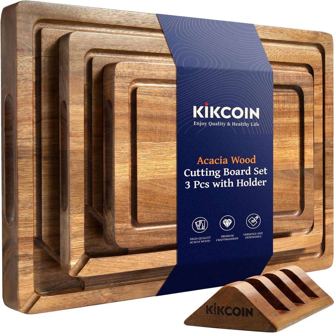 Kikcoin Acacia Wood Cutting Boards for Kitchen, 3 PCS Wooden Cutting Board Set with Holder, Chopping Board with Compartments and Juice Groove, Solid Charcuterie Boards Serving Tray Wood Butcher Block