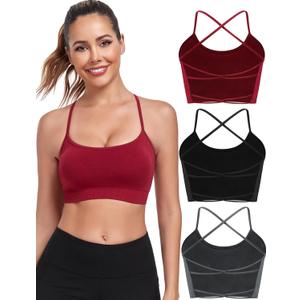 Lusait Sports Bras for Women Medium Support Thin Straps Sexy Criss-Cross Yoga Bra Gym Crop Top for Workout (Large, Black+grey+red)